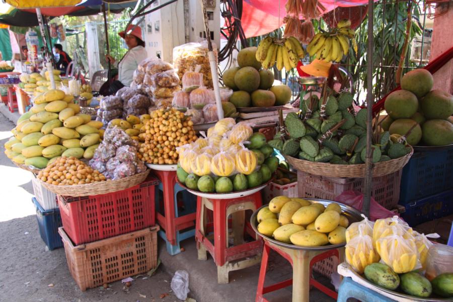 Diese Früchte fielen durch ihre Farbe auf, was es war, übermittelte uns die Verkäuferin. Mangos und Lotosfrüchte kannten wir bereits. 
