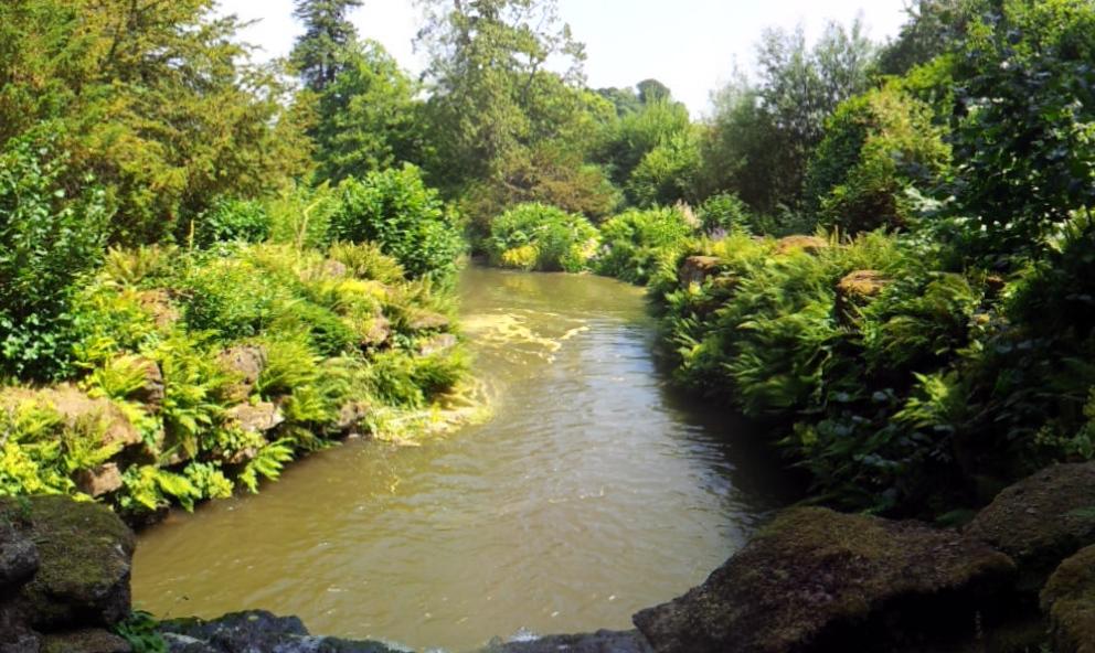 Fluss im Gelände des Woolbeding Gardens.